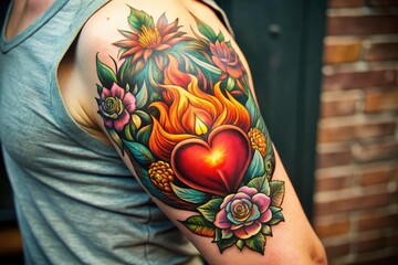 Intricately designed sacred heart tattoo on a toned arm, adorned with flames, flowers, and ornate details, symbolizing devotion, passion, and spiritual connection.