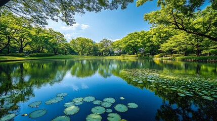 Poster - Very beautiful idyllic natural panorama of city spring summer park with pond that reflects surrounding trees and blue sky on bright sunny day : Generative AI