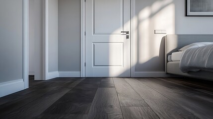 Poster - A sleek and contemporary bedroom corner featuring a white door dark wood flooring and textured gray closet in bedroom : Generative AI