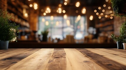 Leinwandbilder - Wood table top on blur bokeh coffee shop or cafe restaurant background Can be used for display or montage your products : Generative AI