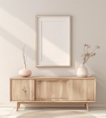 Minimalist interior design with a wooden sideboard, a blank poster frame, and decorative vases. Showcase your artwork in this bright and airy living room setting.