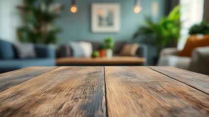 Leinwandbilder - Empty brown and rustic wooden table with a defocused living room background : Generative AI