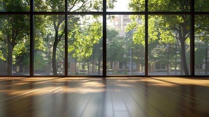 Wall Mural - an empty living room with wood flooring and large windows looking out onto the trees that line the street outside : Generative AI