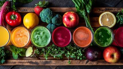 A colorful array of fresh-pressed vegetable juices in vibrant hues like deep green, bright orange, and rich red. The glasses are neatly arranged on a wooden tray, with a background of fresh 