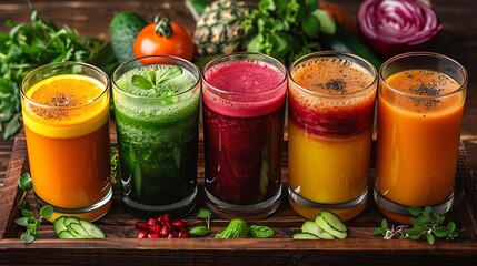 A colorful array of fresh-pressed vegetable juices in vibrant hues like deep green, bright orange, and rich red. The glasses are neatly arranged on a wooden tray, with a background of fresh 