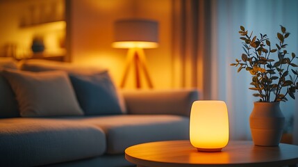 Poster - interior of cozy living room with sofa table armchairs and glowing lamps : generative ai