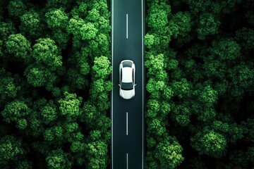 Wall Mural - Top view of a white electric car driving dark green forest road, which is an elevated road that surrounds natural forest. Concept of using electric cars to protect the environment , ai