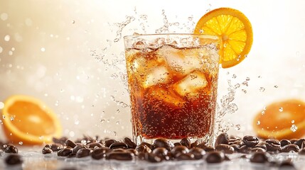 Poster - Americano ice coffee mix with orange juicecoffee beans spreading on sackwhite background and isolated concept : Generative AI