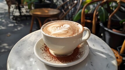 A frothy cappuccino with a delicate cocoa powder design on the foam. The cappuccino is in a white cup, resting on a small marble table in a quaint outdoor café setting, 