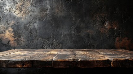 Fototapete - empty wooden oak tabletop with dark black cement stone background for product displayed in rustic mood and tone luxury background for product stand with empty copy space for party prom : Generative AI