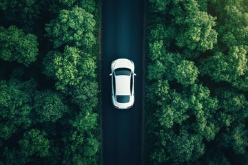 Wall Mural - Top view of a white electric car driving dark green forest road, which is an elevated road that surrounds natural forest. Concept of using electric cars to protect the environment , ai