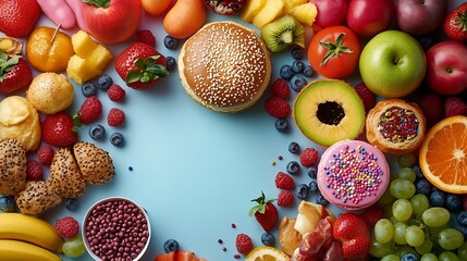 Healthy and unhealthy food background from fruits and vegetables vs fast food sweets and pastry top view Diet and detox against calorie and overweight lifestyle concept : Generative AI