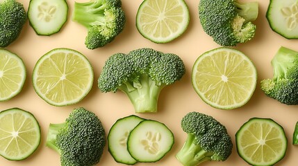 Poster - Creative layout made of broccoli cucumber and lime on the beige background Food concept Macro concept : Generative AI