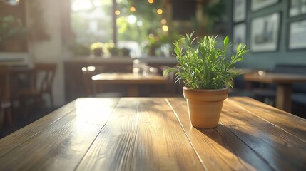 Fototapete - Blurry cafe restaurant or coffee shop background and perspective view of wooden table corner : Generative AI