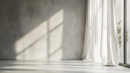 Aufkleber - Empty room with shade from window light and white curtains Minimal interior with concrete wall and floor Architecture background showroom : Generative AI