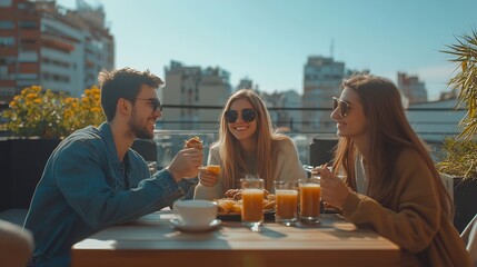 Group of young people having breakfast together toasting coffee at rooftop bar terrace : Generative AI