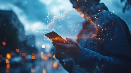 Aufkleber - Digital technology cloud computing concept Software engineer using mobile smart phone and laptop computer with global network connection Technology innovative and communication concept : Generative AI