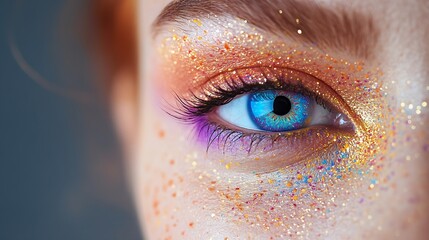 Wall Mural - Close up view of female eye with bright multicolored fashion makeup Holi indian color festival inspired Studio macro shot : Generative AI