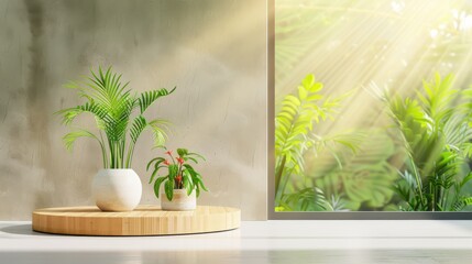 Canvas Print - Minimalist Interior Design with Plants and Wooden Platform