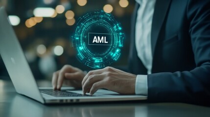 Businessman touching a virtual screen with the word 