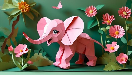 Wall Mural - Joyful pink elephant among vibrant flowers in playful nursery papercraft illustration