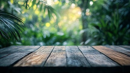 Leinwandbilder - The empty rustic wooden plank table top with blur background of jungle Exuberant image : Generative AI
