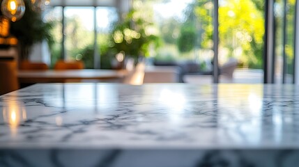 Fototapete - Close up photo of contemporary kitchen island with marble table top with kitchen blurry loose focal of a giant arch windows background : Generative AI