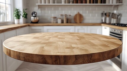 Fototapete - Empty beautiful round wood tabletop counter on interior in clean and bright kitchen background Ready for display Banner for product montage : Generative AI