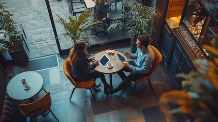 Aufkleber - Two attractive Caucasian businesspeople colleagues sitting at the coffee bar using a computer tablet talking informal discussion at coffee break zone Top view Businesspeople discussion : Generative AI