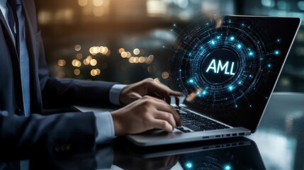 Businessman touching a virtual screen with the word 