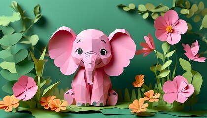 Wall Mural - Joyful pink elephant among vibrant flowers in playful nursery papercraft illustration