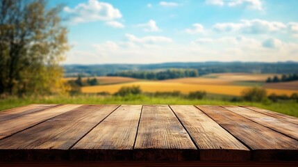 Leinwandbilder - The empty wooden brown table top with blur background of farmland and blue sky Exuberant image : Generative AI