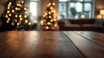 Fototapete - Corner table background of free space for your decoration and blurred home interior with brown sofa Christmas time in home and warm light : Generative AI