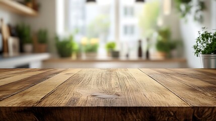 Poster - Empty beautiful wood table  top counter  and blur bokeh modern kitchen interior background in clean and bright Readywhite background for product montage : Generative AI