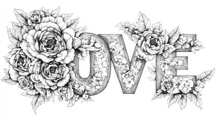 Floral love lettering with peonies and roses creates beautiful and romantic design. intricate details of flowers enhance expression of love and affection