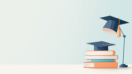 Wall Mural - neat and clean copy space illustration. a book pile on desk with standing lamp and graduation hat on a seamles white background. copy space. color scheme , dark brown, orange, blue light, navy blue, b