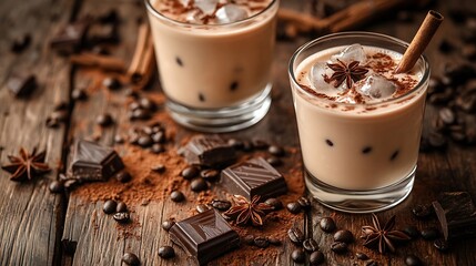 Poster - Irish cream and coffee cocktail in glasses with ice on an old wooden background Coffee beans cinnamon anise and pieces of chocolate are scattered on the table : Generative AI