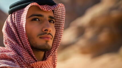 Young khaleeji man wearing keffiyeh  dreams in desert Visit Saudi Arabia concept AlUla and Hegra tours : Generative AI