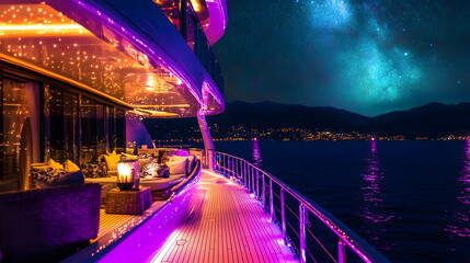 A luxurious yacht party under starry skies with vibrant lights illuminating the deck.