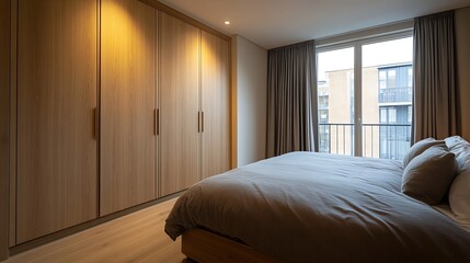 Poster - Bedroom with fitted wardrobes with sliding doors and normal doors in light oak wood and floors of the same material : Generative AI
