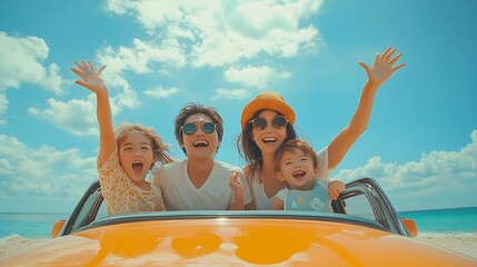 Wall Mural - People enjoying road trip sitting down on back their car Parents and children traveling in holiday at sea beach family fun in summer vacation on beach blue sky Happy Family and World T : Generative AI