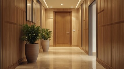 Wall Mural - Elegant interior design of modern spacious entrance hall with door and wooden paneling walls