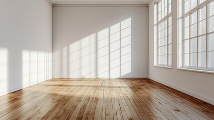 Poster - an empty room with wooden floors and white walls there is a large window in the wall to the right : Generative AI
