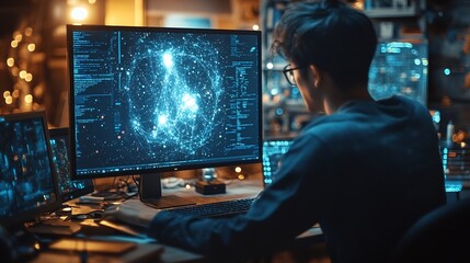 Fototapete - AI image generator app Person creating photo art with Artificial Intelligence software in computer laptop Technology trends : Generative AI