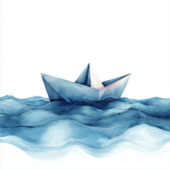 Wall Mural - A floating paper boat in gentle waves, isolated on a white background, watercolor style