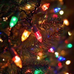 Sticker - A close-up view of colorful Christmas lights illuminating a festive tree, creating a warm and joyful atmosphere.