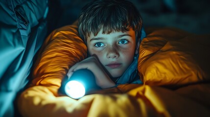 Preteen school kid boy in sleeping bag camping Outdoors activity with children in summer Fun and adventure camp family and friends vacations or weekend trip Portrait of child with flas : Generative AI