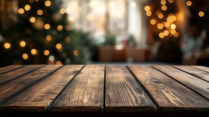 Poster - The empty wooden brown table top with blur background of home room in winter Exuberant image : Generative AI