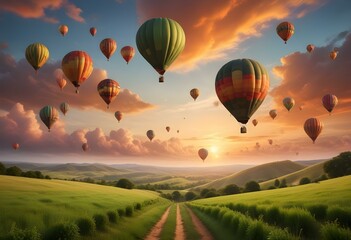 rolling hills and a vibrant sunset sky with hot air balloons floating above