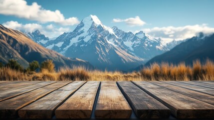 Leinwandbilder - The empty wooden brown table top with blur background of Mount Cook landscape Exuberant image : Generative AI